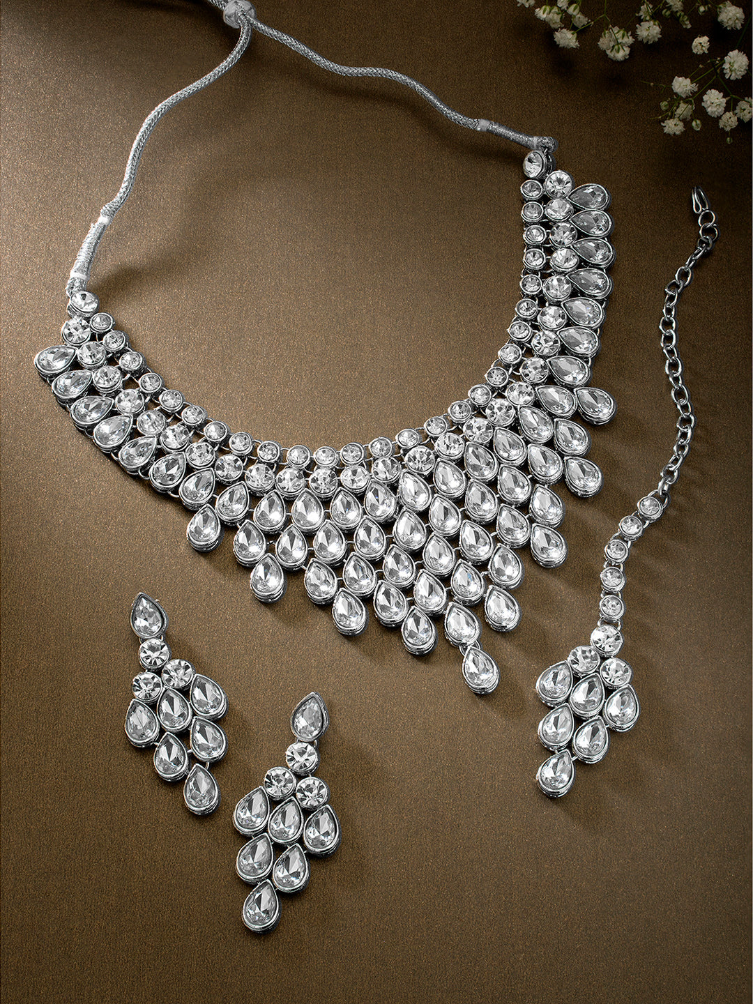 Pure Radiance Silver Plated Stone Necklace Set and Maangtikka