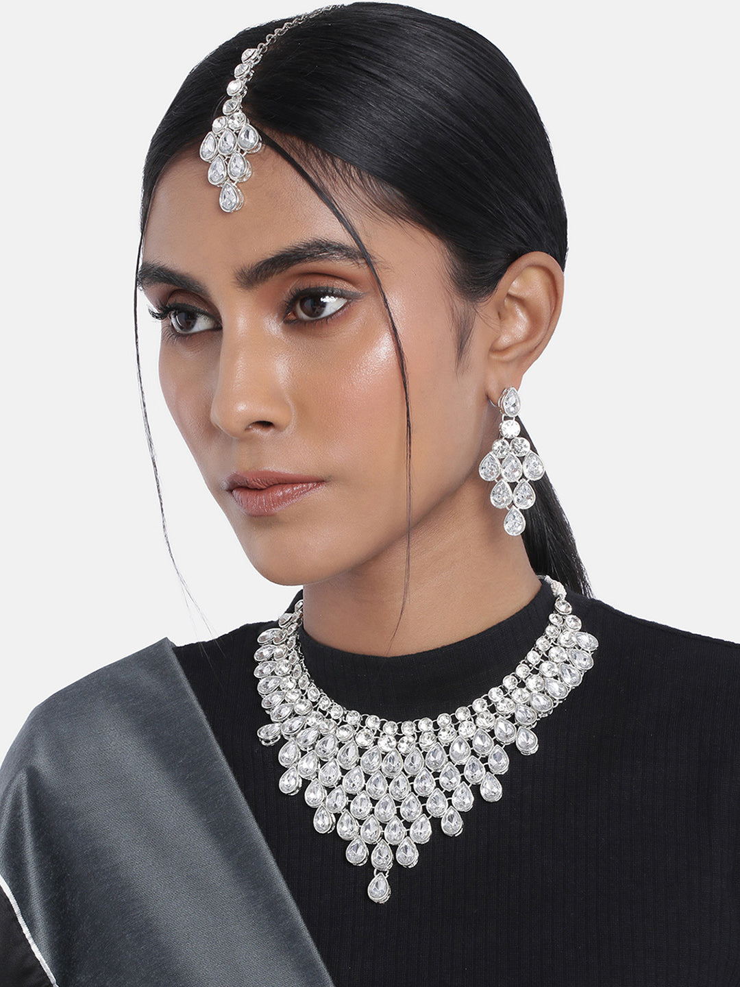 Pure Radiance Silver Plated Stone Necklace Set and Maangtikka