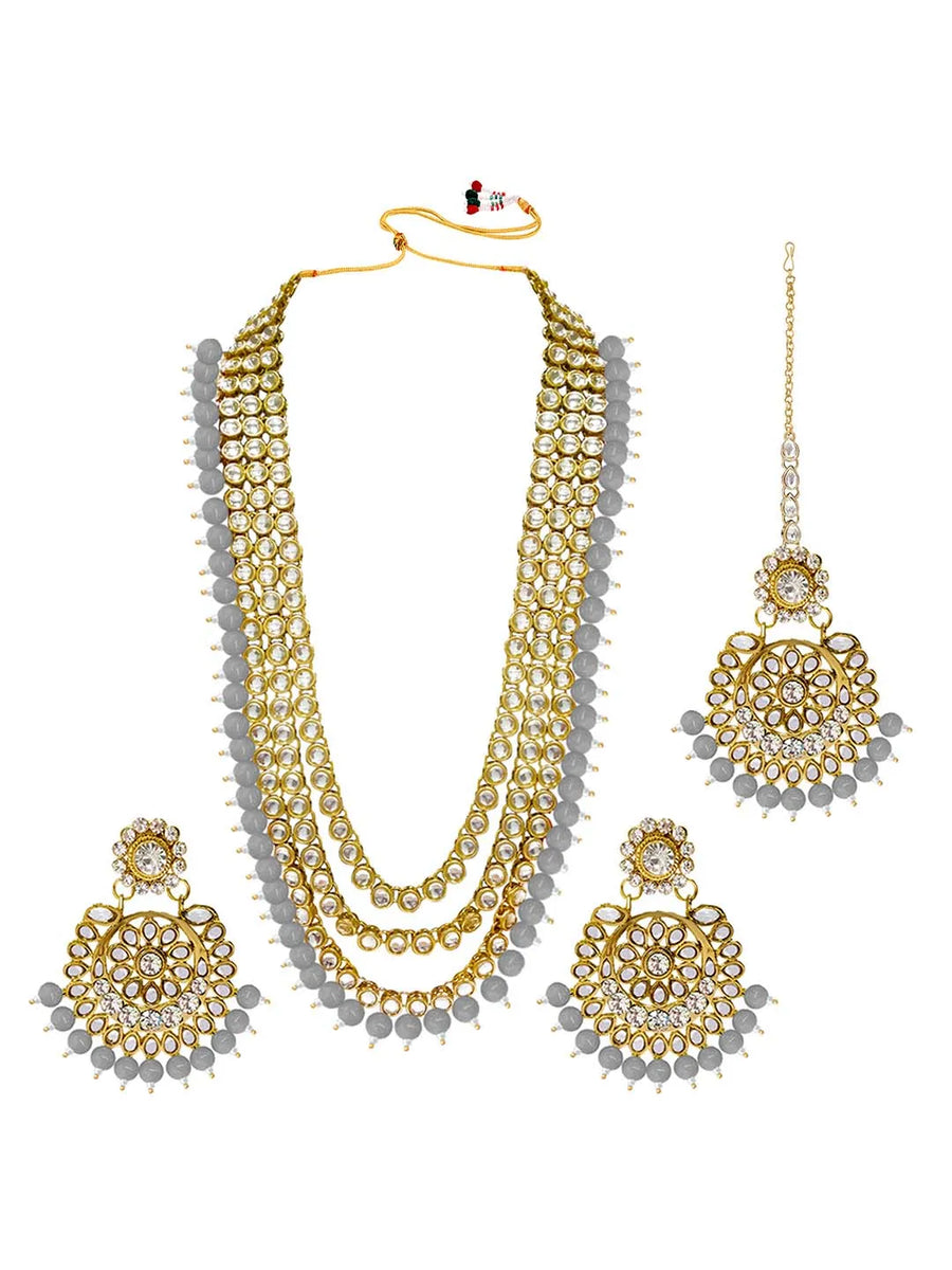 Faux Beads Rhodium Kundan Bridal Set - Grey