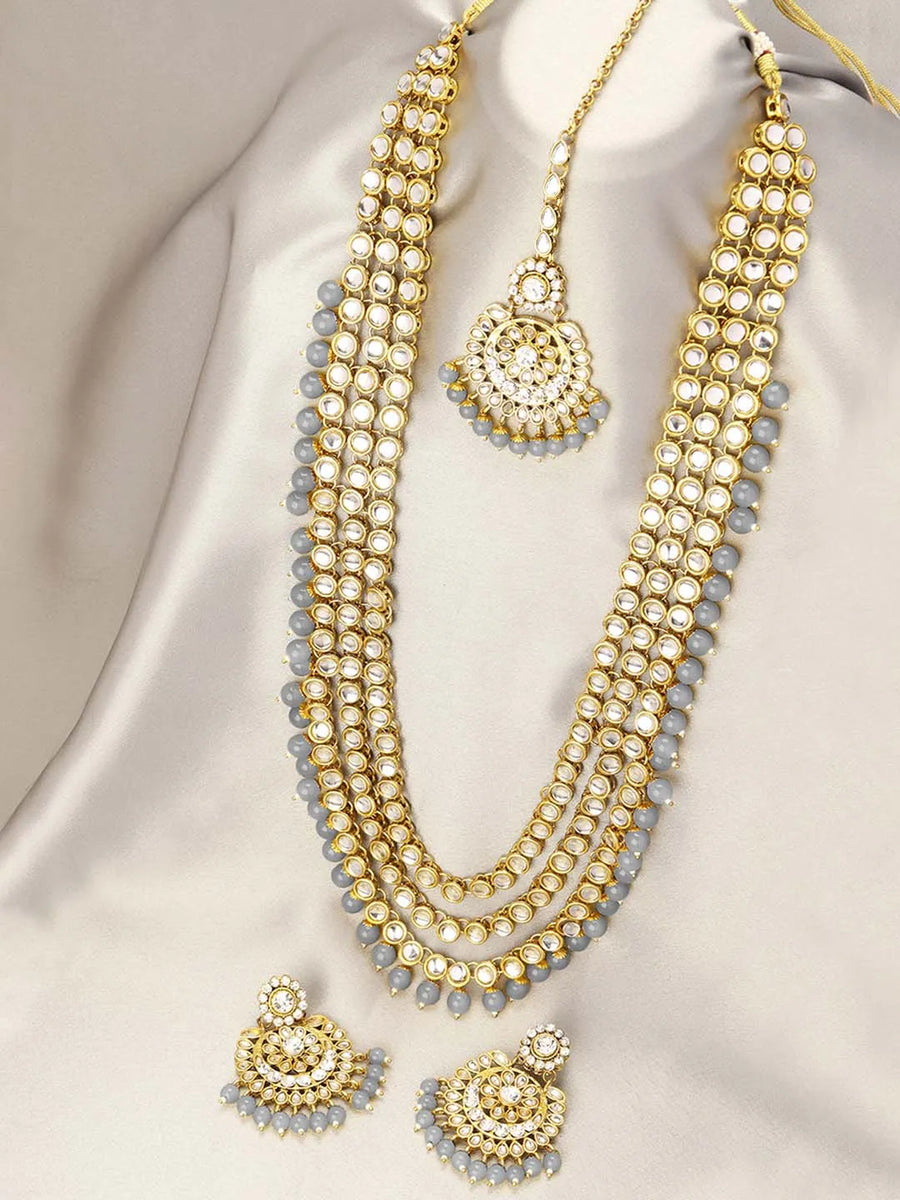 Beads Rhodium Kundan Bridal Set | Elegant Bridal Jewellery by Peora

