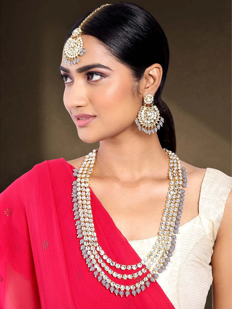 Beads Rhodium Kundan Bridal Set | Elegant Bridal Jewellery by Peora

