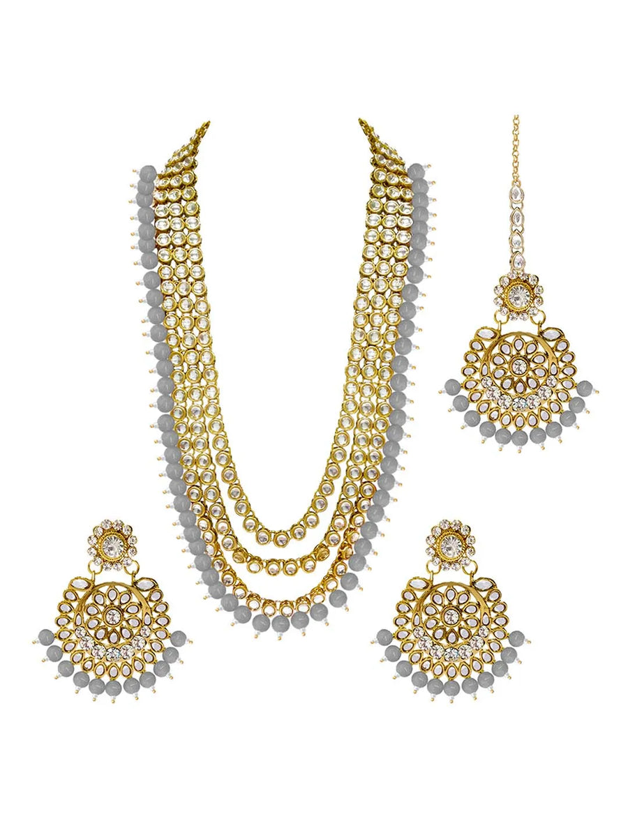 Beads Rhodium Kundan Bridal Set | Elegant Bridal Jewellery by Peora

