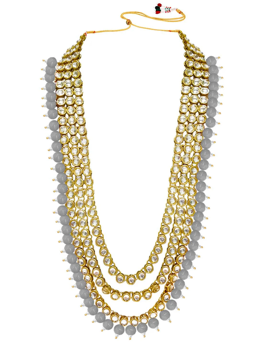 Faux Beads Rhodium Kundan Bridal Set - Grey