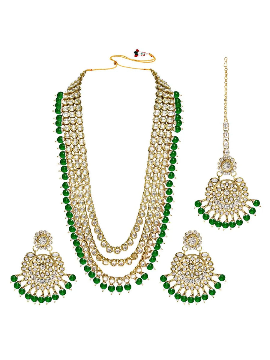 Faux Beads Rhodium Kundan Bridal Set - Green