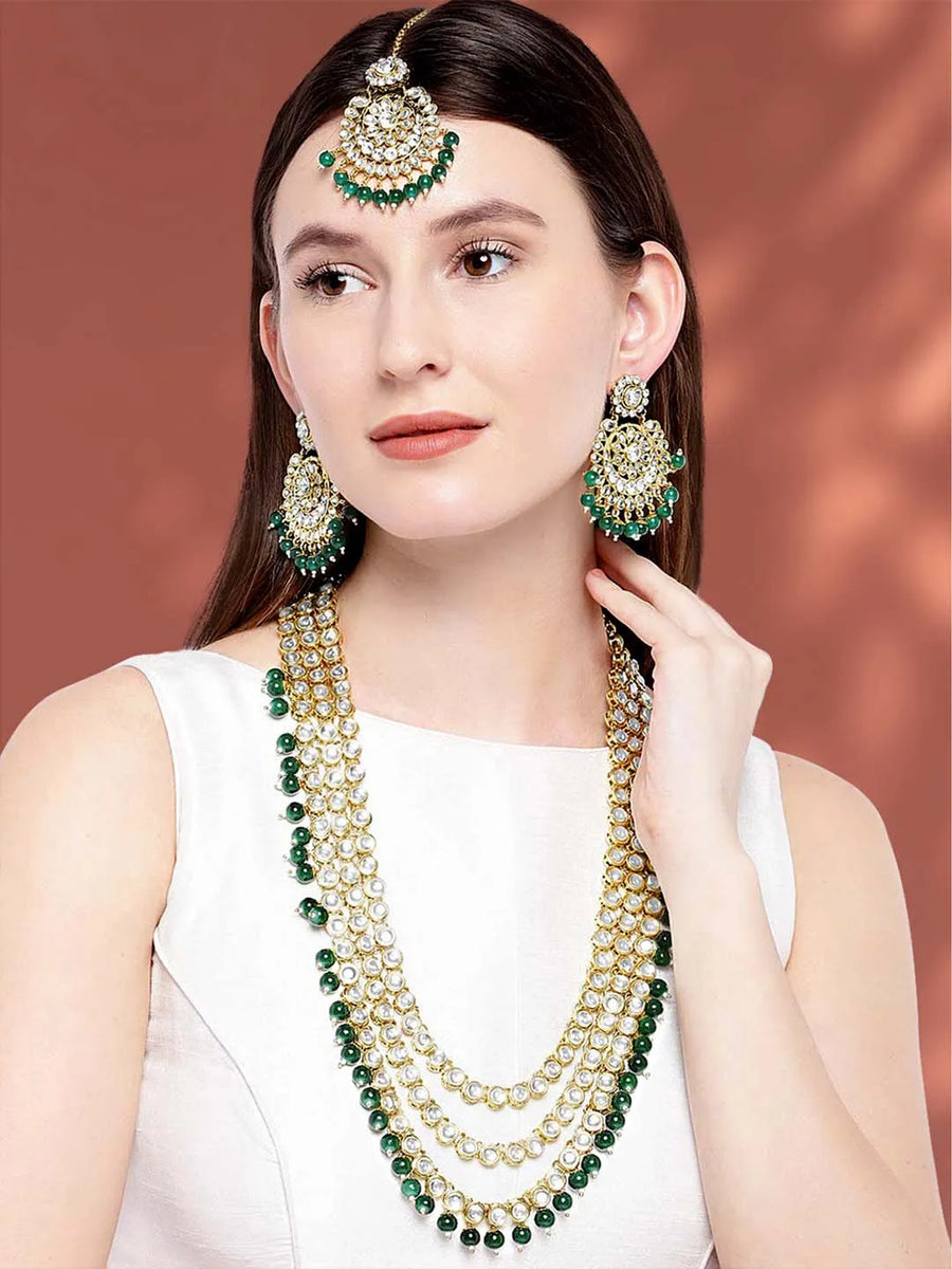 Faux Beads Rhodium Kundan Bridal Set - Green