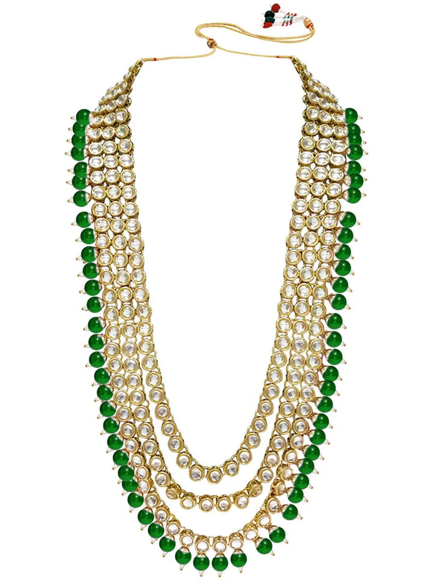 Faux Beads Rhodium Kundan Bridal Set - Green