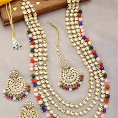 Faux Beads Rhodium Kundan Bridal Set - Multicolor