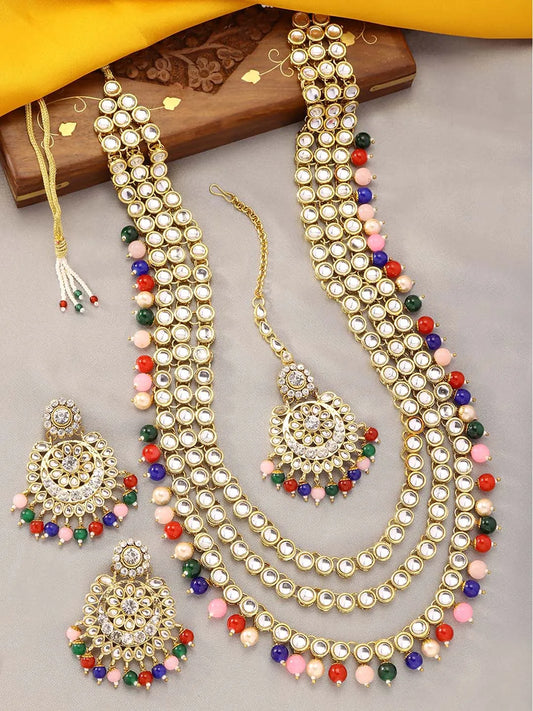 Beads Rhodium Kundan Bridal Set | Elegant Bridal Jewellery by Peora


