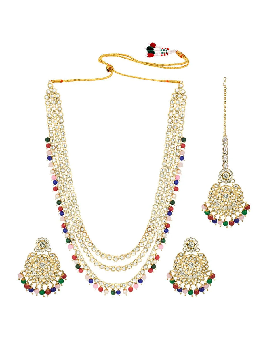 Faux Beads Rhodium Kundan Bridal Set - Multicolor