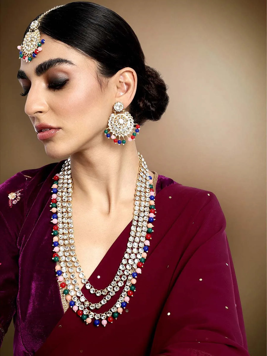 Beads Rhodium Kundan Bridal Set | Elegant Bridal Jewellery by Peora

