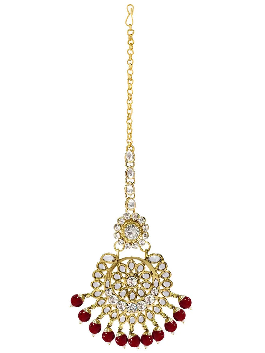 Faux Beads Rhodium Kundan Bridal Set - Maroon