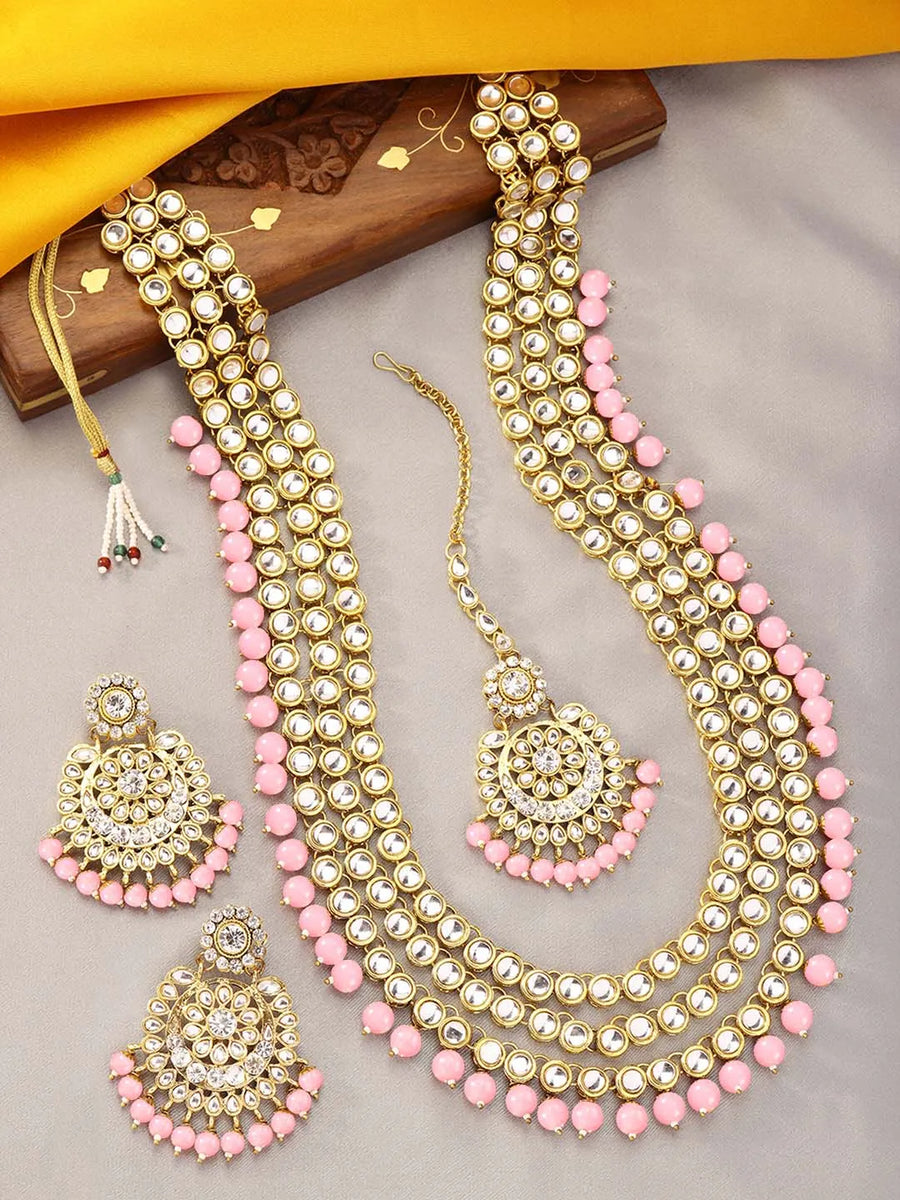 Beads Rhodium Kundan Bridal Set | Elegant Bridal Jewellery by Peora


