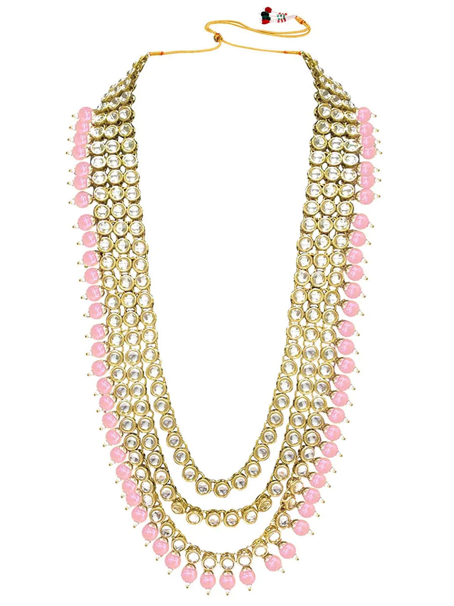 Faux Beads Rhodium Kundan Bridal Set - Pink