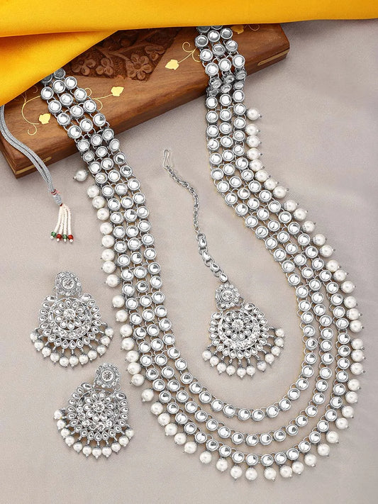Beads Rhodium Kundan Bridal Set | Elegant Bridal Jewellery by Peora

