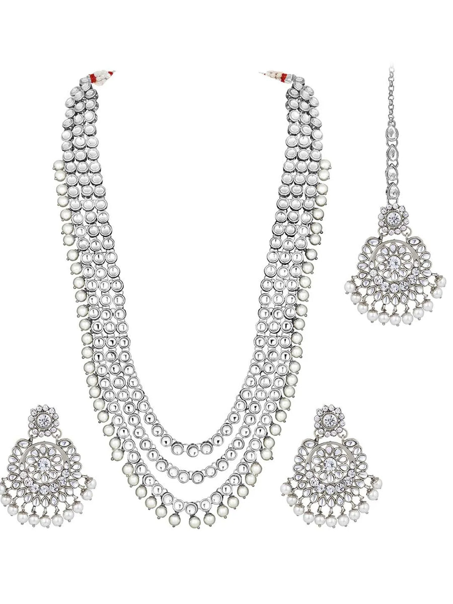 Beads Rhodium Kundan Bridal Set | Elegant Bridal Jewellery by Peora

