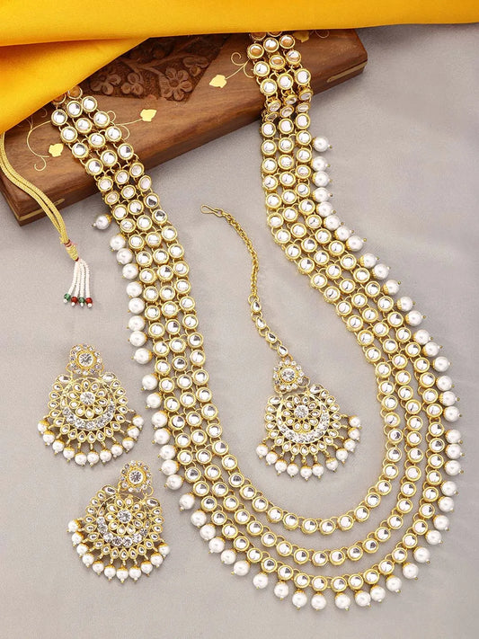 Beads Rhodium Kundan Bridal Set | Elegant Bridal Jewellery by Peora


