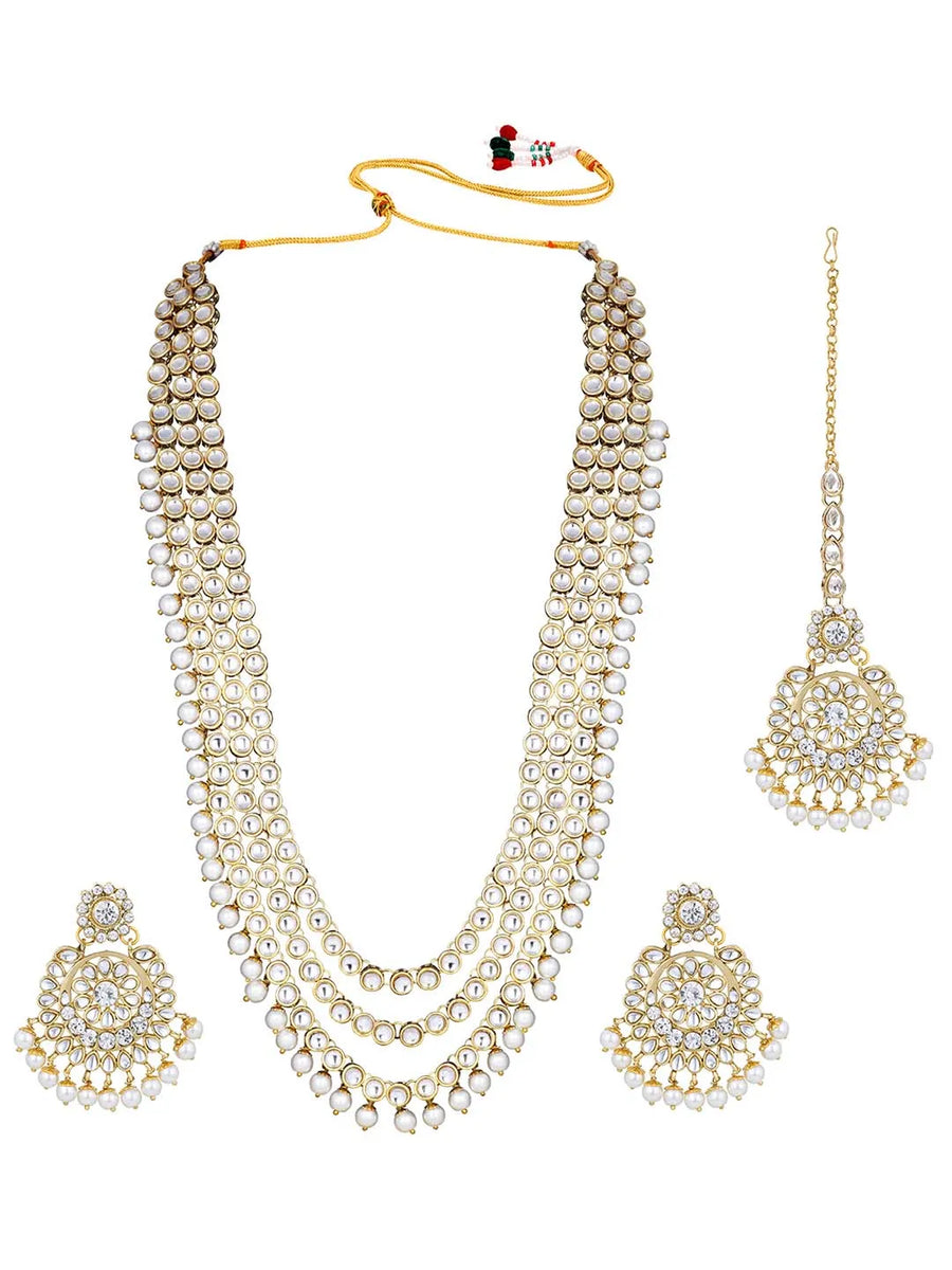 Faux Beads Rhodium Kundan Bridal Set - White