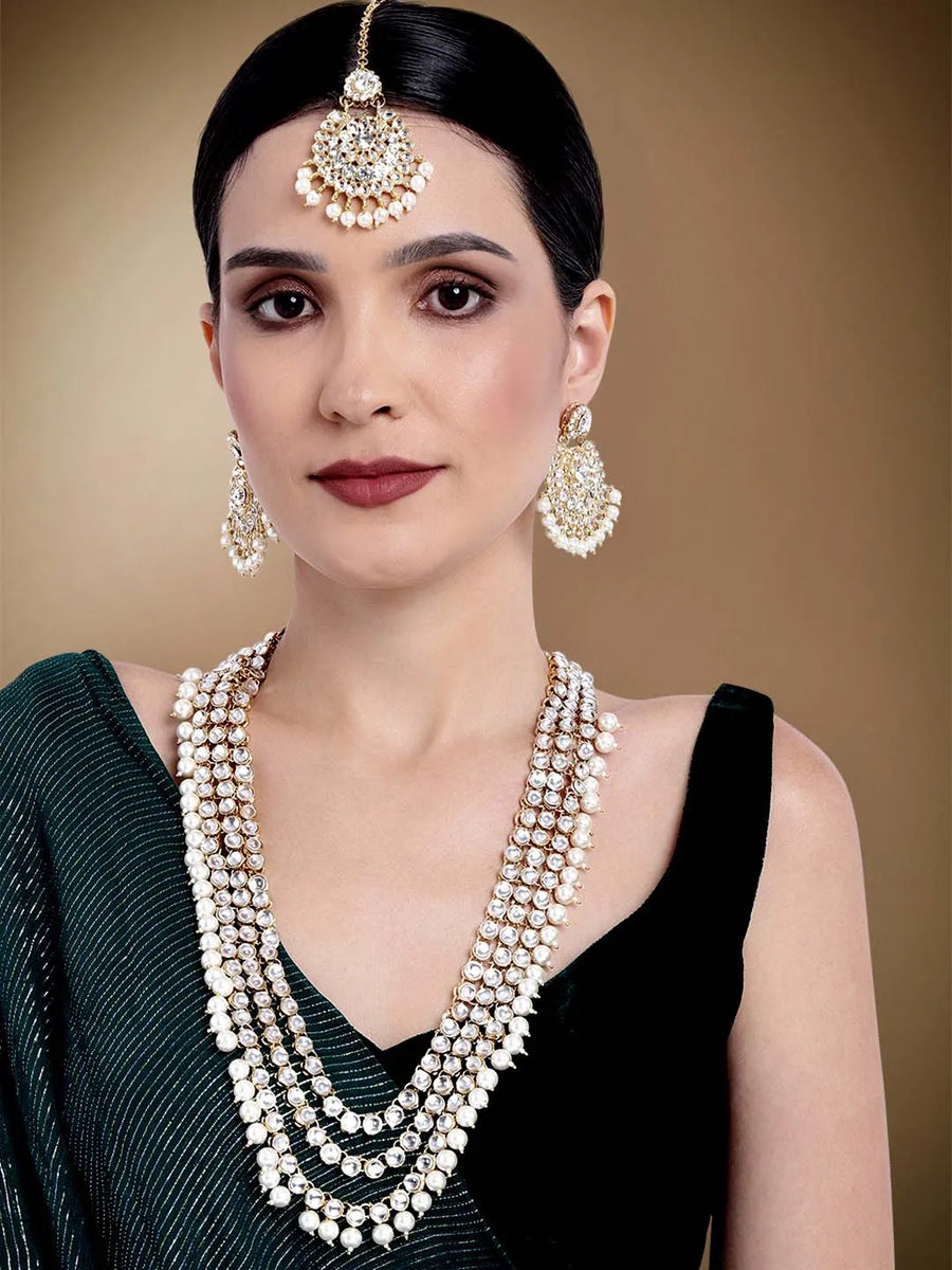 Beads Rhodium Kundan Bridal Set | Elegant Bridal Jewellery by Peora

