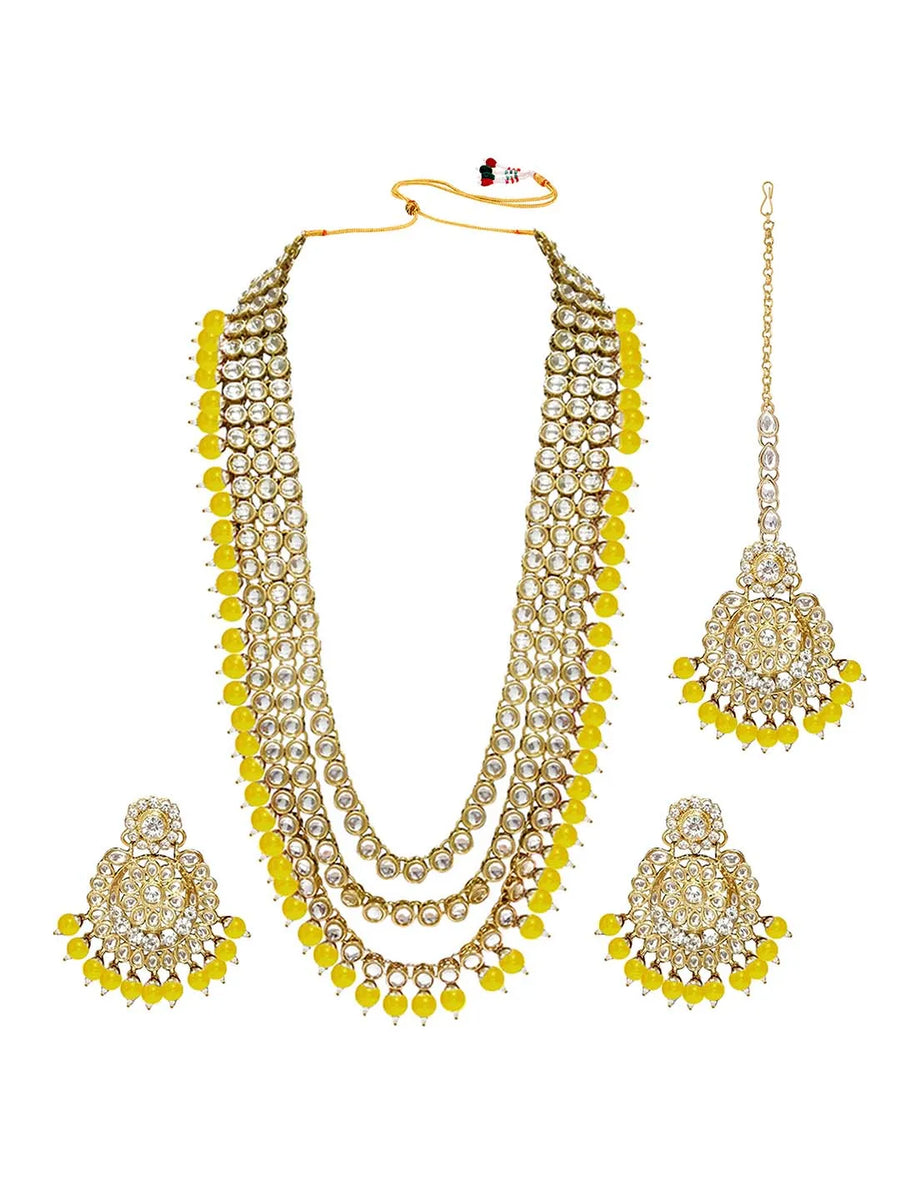 Faux Beads Rhodium Kundan Bridal Set - Yellow