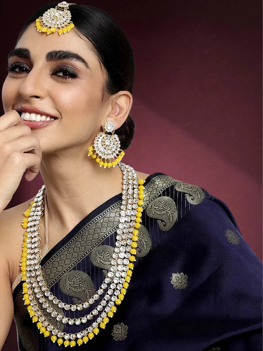 Faux Beads Rhodium Kundan Bridal Set - Yellow