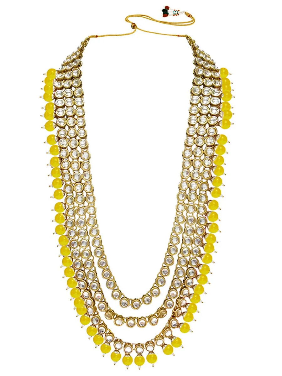 Faux Beads Rhodium Kundan Bridal Set - Yellow