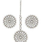Pearl Perfection Maangtikka Set. Silver-plated round Kundan earrings and maang tikka with pearl detailing.