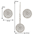 Pearl Perfection Maangtikka Set. Silver-plated round Kundan earrings and maang tikka with pearl detailing.