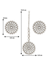 Pearl Perfection Maangtikka Set. Silver-plated round Kundan earrings and maang tikka with pearl detailing.