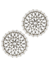 Pearl Perfection Maangtikka Set. Silver-plated round Kundan earrings and maang tikka with pearl detailing.