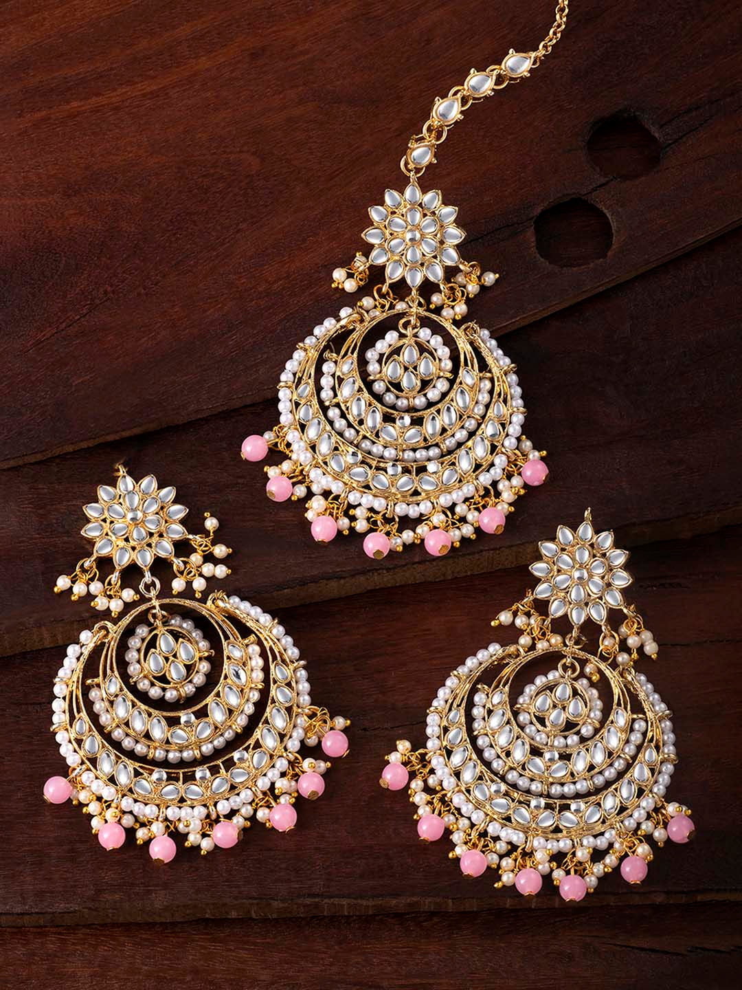 Royal Radiance Pink Kundan Pearl Maangtikka Set