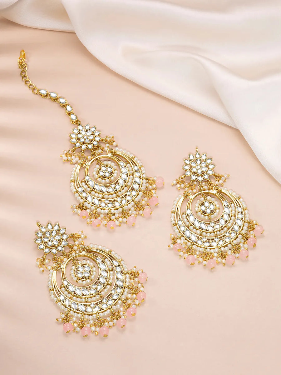Royal Radiance Kundan Pearl Maangtikka Earring Set - Pink