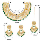 Divine Grace Kundan Bridal Set. Gold and green Kundan necklace set with pearls, matching earrings, and maang tikka.
