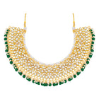 Divine Grace Kundan Bridal Set. Gold and green Kundan necklace set with pearls, matching earrings, and maang tikka.