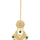 Divine Grace Kundan Bridal Set. Gold and green Kundan necklace set with pearls, matching earrings, and maang tikka.