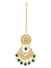 Divine Grace Kundan Bridal Set. Gold and green Kundan necklace set with pearls, matching earrings, and maang tikka.