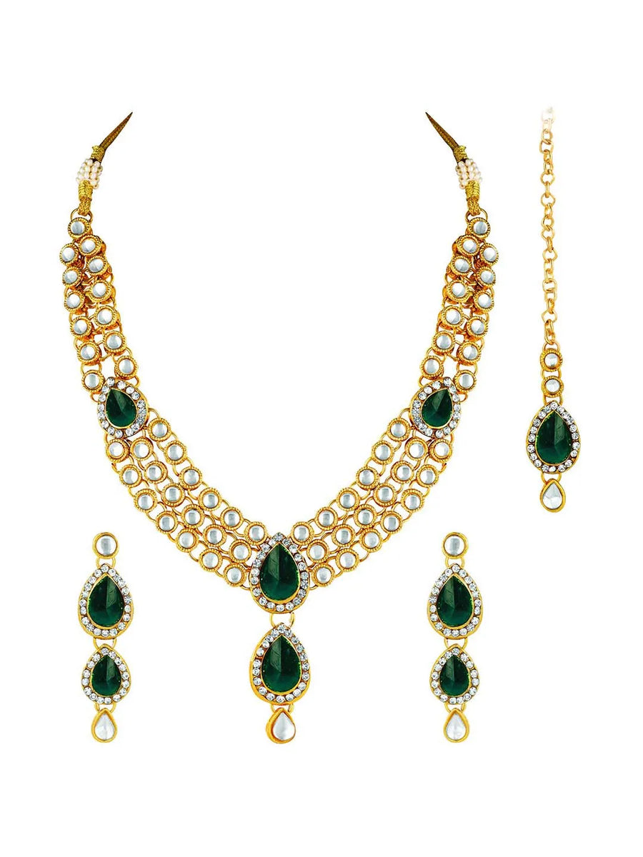 Majesty Kundan Long Necklace Set - Green