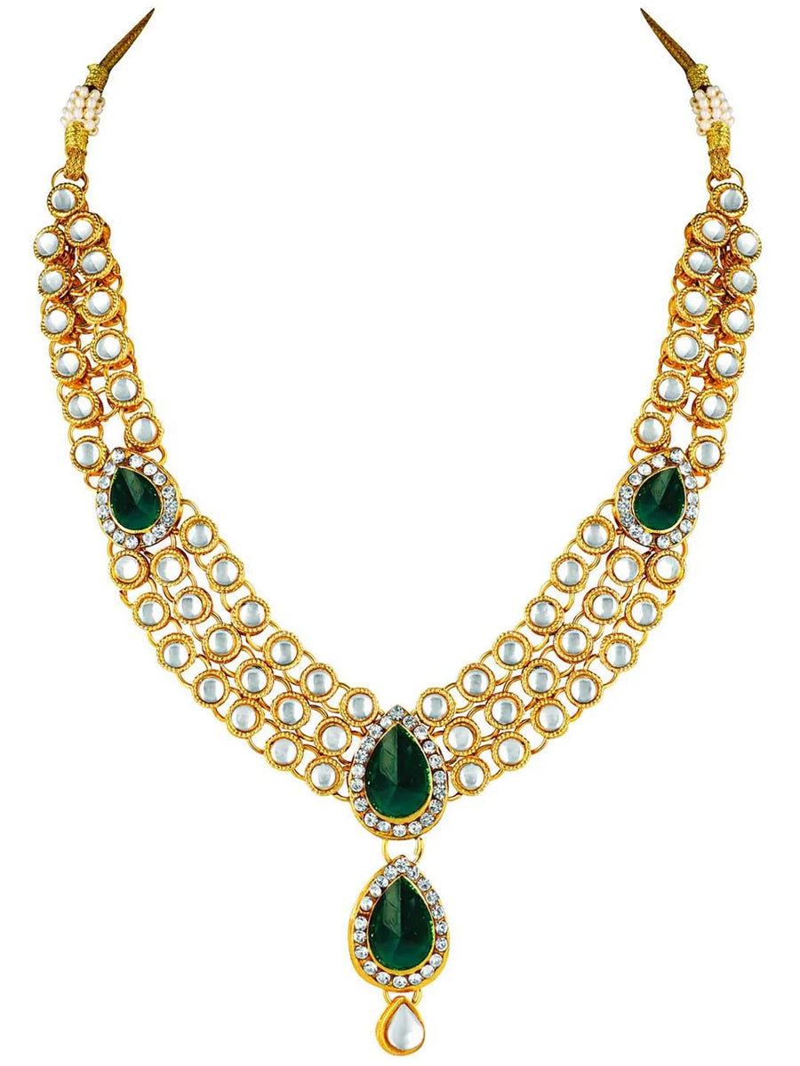 Majesty Kundan Long Necklace Set - Green