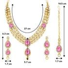 Majesty Kundan Long Necklace Set. Gold-plated Kundan necklace set with pink stones and kundan, paired with matching earrings and maang tikka.