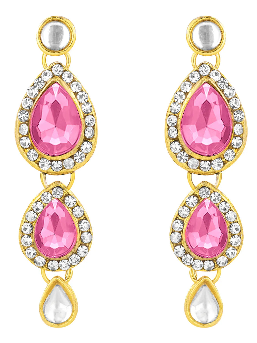 Majesty Kundan Long Necklace Set. Gold-plated Kundan necklace set with pink stones and kundan, paired with matching earrings and maang tikka.