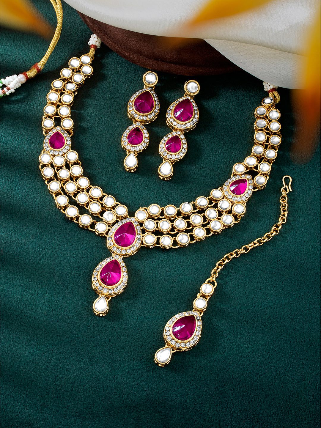 Rani Pink Majesty Kundan Long Necklace Set with Maangtikka