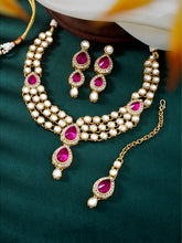 Rani Pink Majesty Kundan Long Necklace Set with Maangtikka