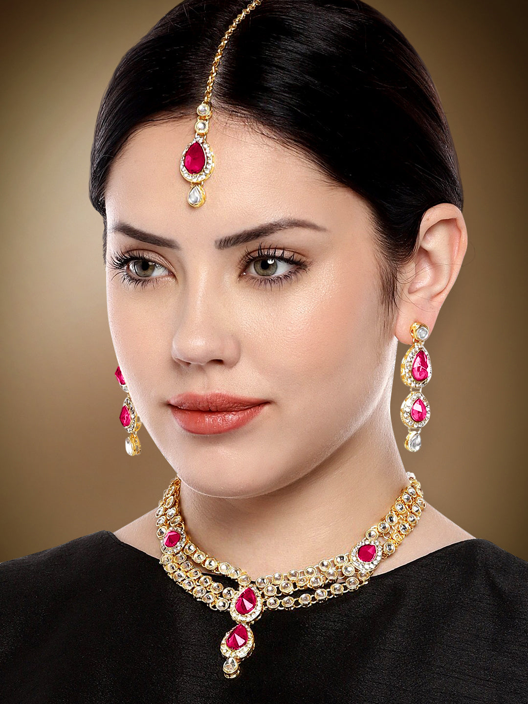 Rani Pink Majesty Kundan Long Necklace Set with Maangtikka