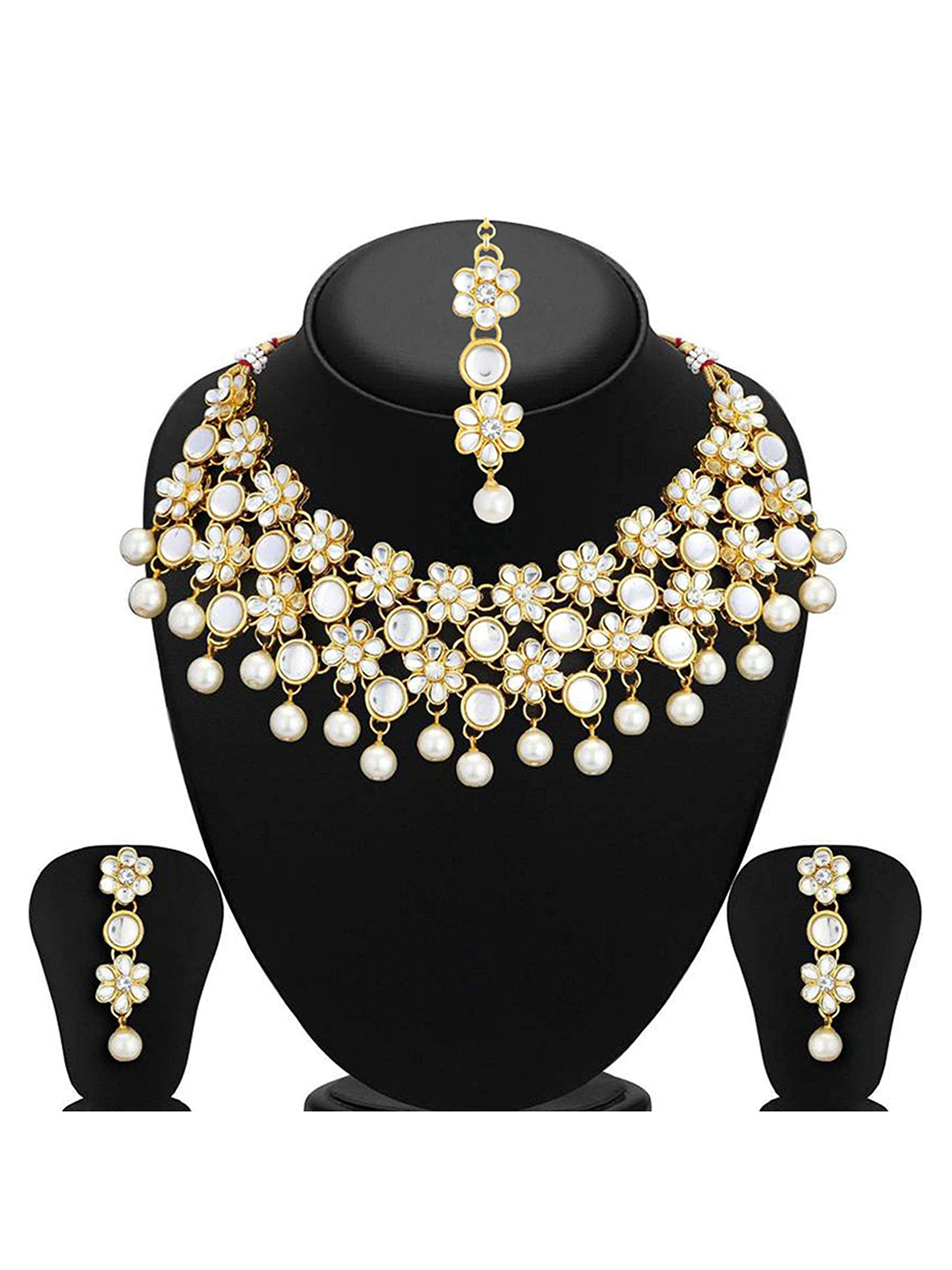 Floral Elegance Kundan Pearl Maangtikka Necklace Set