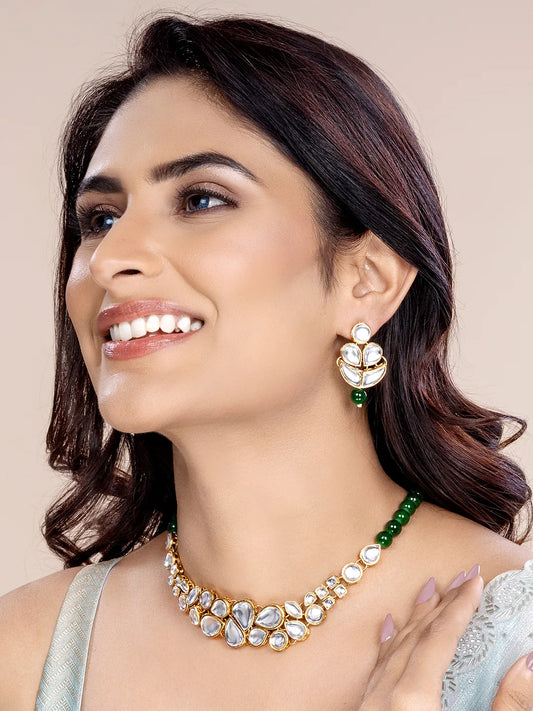 Regal Faux Pearl Kundan Necklace Set - Green