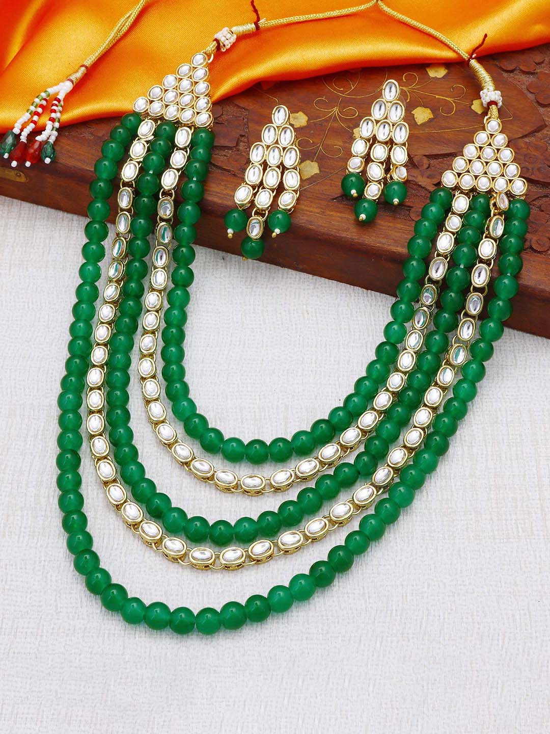 Green Bliss Kundan Faux Pearl Long Necklace Set