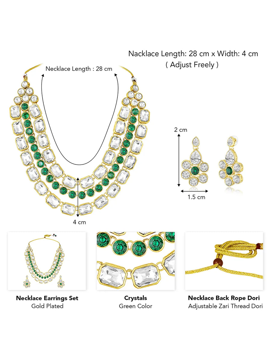 Crystal Studded Layered Necklace Set. Gold-plated Kundan necklace set with green and white stones, paired with matching earrings.