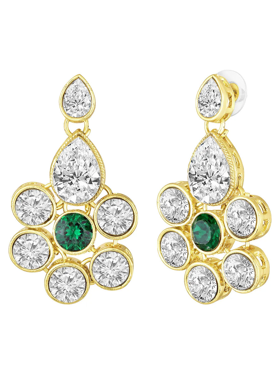 Crystal Studded Layered Necklace Set. Gold-plated Kundan necklace set with green and white stones, paired with matching earrings.