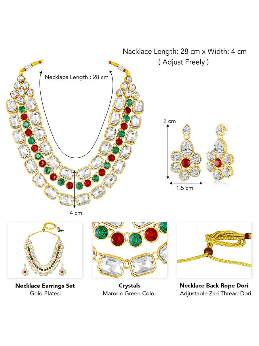 Crystal Studded Layered Necklace Set. Gold-plated Kundan necklace set with green, red and white stones, paired with matching earrings.