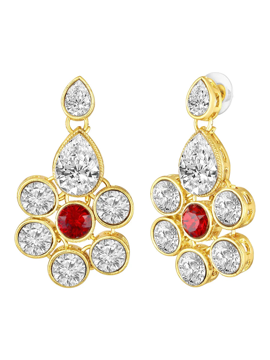 Crystal Studded Layered Necklace Set. Gold-plated Kundan necklace set with green, red and white stones, paired with matching earrings.
