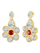 Crystal Studded Layered Necklace Set. Gold-plated Kundan necklace set with green, red and white stones, paired with matching earrings.